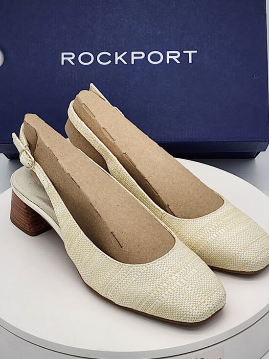 Rockport Shoes - Rockport Danna 2 Ivory Textured Slingback Block Heel Pumps Women’s Size 8